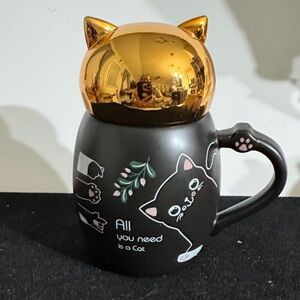 Black Cat Mug with Gold Lid “ All You Need is a Cat”